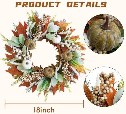 18 Inch Fall Wreath for Front Door Pumpkin Autumn Wreaths - Image 2