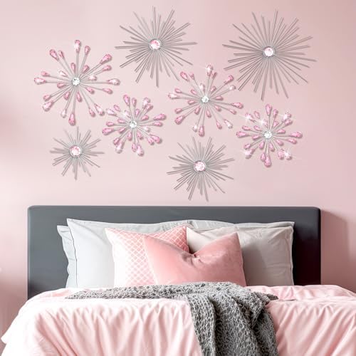 Blulu 8 Pcs Pink Metal Wall Art Cast Iron Starburst Wall Decor Bling Crystal Sculptures Living Room 3D Teardrop Radial Rhinestone Hanging Diamond Accents for Home Office Bedroom Entryway - Image 5