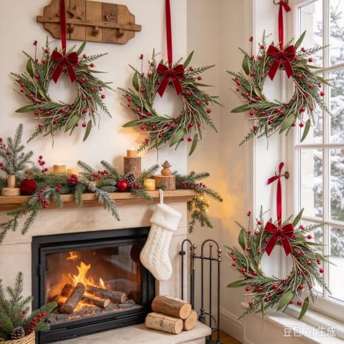 10 PCS Mini Christmas Wreaths for Cabinets 9" Christmas Kitchen Cabinet with Pine Needles Pinecones Red Berries Bells and Bow Christmas Wreath for Front Door Window Wall Xmas Holiday Home Decor - Image 3