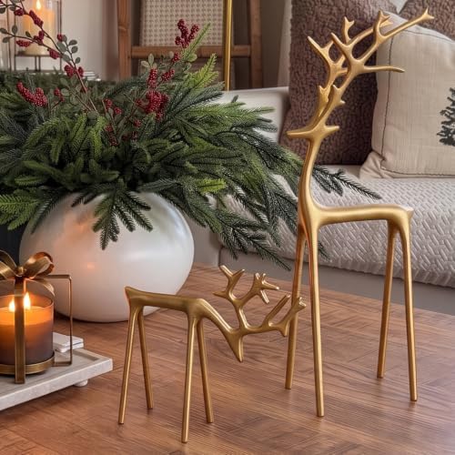 Christmas Decorations - Set of 2 Sculpted Gold Metal Reindeer Statues - Image 3