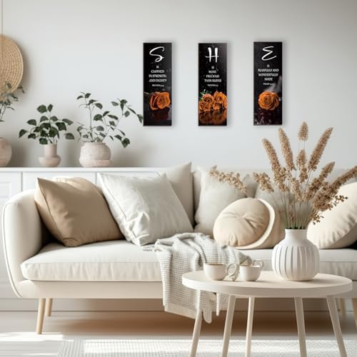 DONFENTHY 3 Pcs Orange Bedroom Decor Orange Rose Wooden Bathroom Wall Decor Inspirational Farmhouse Office Signs With SHE Bible Words Decor For Women Bedroom Home (12x4Inch) - Image 5