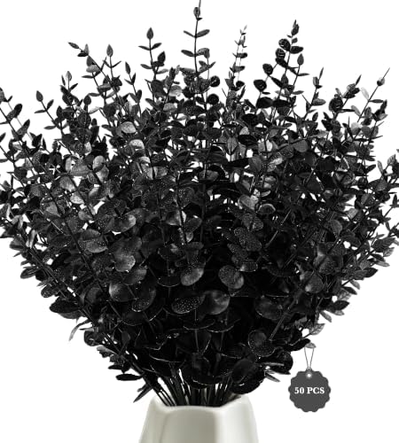 50 Pcs Black Artificial Eucalyptus Stems,Faux Eucalyptus Leaves Branches by YOGJKI