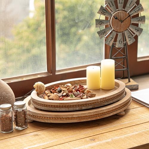 2 Piece Oval Torched Wooden Serving Tray Set with Beaded Design, Centerpiece Table Decorations Tray for Living Room Ottoman, Coffee Table Tray for Farmhouse Home Decor - Image 5