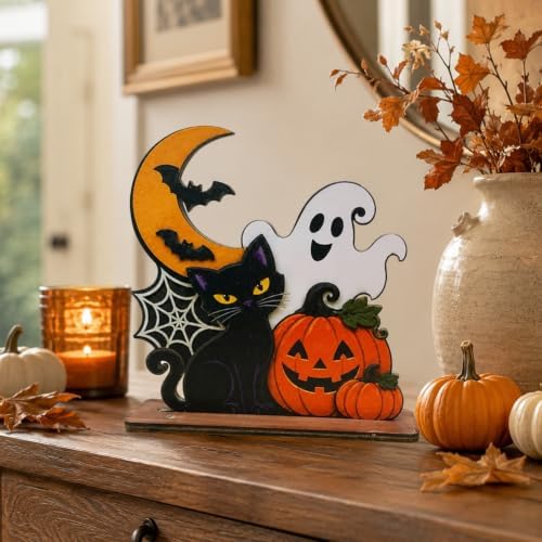 Halloween Wooden Tabletop Decoration, Cute Ghost Pumpkin Black Cat Decor, Spooky Fall Shelf Sign for Home Mantel Desk Office and Halloween Party - Image 2
