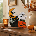 Halloween Wooden Tabletop Decoration, Cute Ghost Pumpkin Black Cat Decor, Spooky Fall Shelf Sign for Home Mantel Desk Office and Halloween Party - Image 2