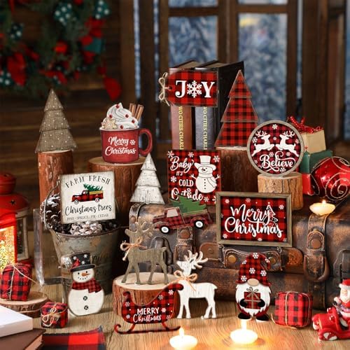 Shellwei 21 Pcs Christmas Tiered Tray Decor Set Plaid Christmas Table Sign - Image 5
