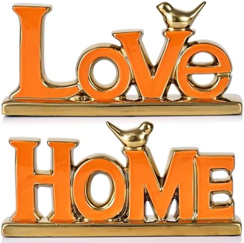 Love Sign Decoration - Orange & Gold Signs for Home Decor, Personalized Love Decor with Gold Bird Sculpture (2 Pcs) by XMGZQ