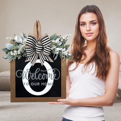 Ultra Large 14'' Last Name All Year Round Front Door Wreath with 26 Initial Letter Welcome Sign All Seasons Eucalyptus Garland and Bow Wreaths for Front Door Porch Farmhouse Decoration (O) by Unknown