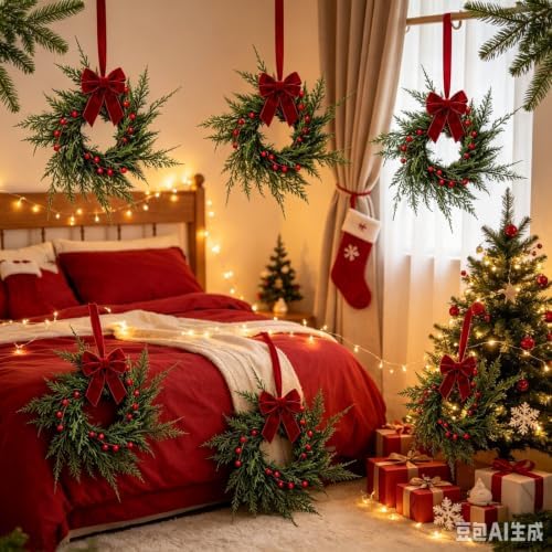6 Pcs Small 4th of July Hanging Wreaths for Cabinets Patriotic Mini Candle Ring Wreath with Red White Blue Flowers (6, Burgundy Bow Cedar Red Berries) - Image 4