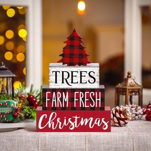 Marsui 4 Pcs Christmas Table Decor Wooden Christmas Trees Signs Block - Image 6
