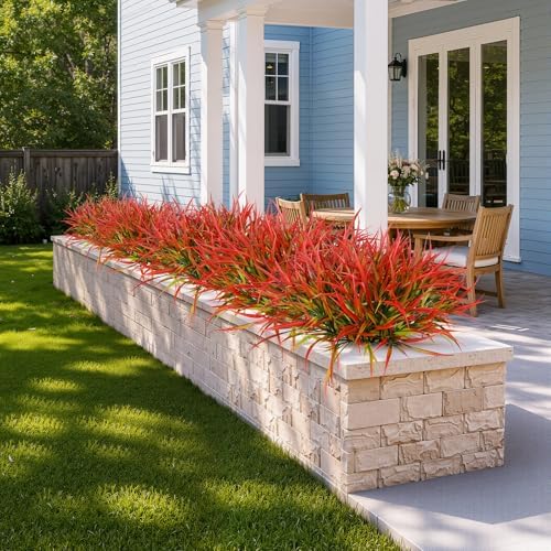 Uieke 28 Bundles Artificial Outdoor Plants UV Resistant Fake Grass Plants Faux Plastic Plants Greenery Shrubs for Home Garden Pathway Window Box Front Porch Cemetery Fall Decor, Autumn Red - Image 2