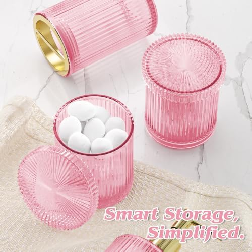 Pink Glass Bathroom Accessories Set 5 Piece, Vintage Ribbed Soap Dispenser, Toothbrush Holder, Tumbler, Qtip Jars, Cute Aesthetic Vanity Organizer for Home, Restroom Countertop Decor - Image 4