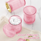 Pink Glass Bathroom Accessories Set 5 Piece, Vintage Ribbed Soap Dispenser, Toothbrush Holder, Tumbler, Qtip Jars, Cute Aesthetic Vanity Organizer for Home, Restroom Countertop Decor - Image 4