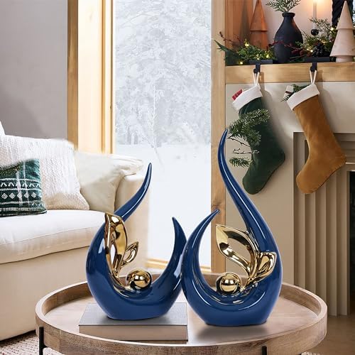 2 PCS Navy Blue Gold Home Decor Accent Ceramic Statue Abstract Sculpture Centerpieces Mid Century Modern Decor for Tables Coffee Table top Decorations for Living Room Desktop Shelf Dining Room Kitchen - Image 2