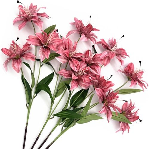 Artifical Lily Flowers Full Bloom Silk Flower Long Stems 4 Pack, Fake Stargazer Lilies Bundles Faux Tiger Lily Floral Plant for Wedding Bouquet Home Hotel Office Vase Arrangement Party Decor - Pink by LOVENIMEN