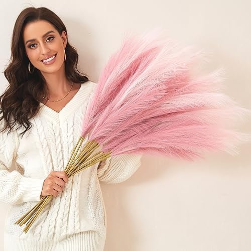 Pink Pampas Grass Decor, 9 PCS 37''/3.1FT Tall Fluffy Faux Pompas Floral, Large Artificial Pompous Grass Branches for Floor Vase Fillers, Boho Farmhouse Room Wedding Décor（Pink） by QUBITFUL
