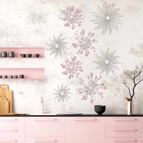 Blulu 8 Pcs Pink Metal Wall Art Cast Iron Starburst Wall Decor Bling Crystal Sculptures Living Room 3D Teardrop Radial Rhinestone Hanging Diamond Accents for Home Office Bedroom Entryway - Image 6