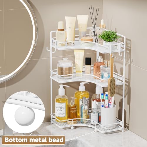 VITVITI 3 Tier Corner Bathroom Counter Organizer, Bathroom Countertop Organizer Storage for Sink, Metal Mesh Makeup Organizer for Vanity Countertop Kitchen with Hooks, White - Image 3