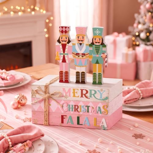 Geelin 4 Pcs Christmas Pink Nutcracker Table Decoration Stacked Wooden Book - Image 6