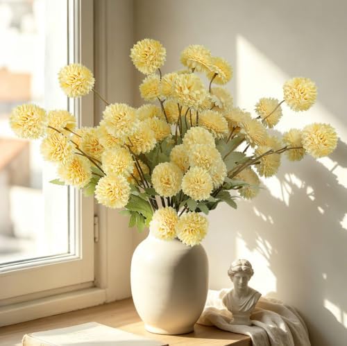 12 Pcs Artificial Mums with Long Stems 20 Inch Yellow Faux Flowers for Vase by INQCMYPlantRack