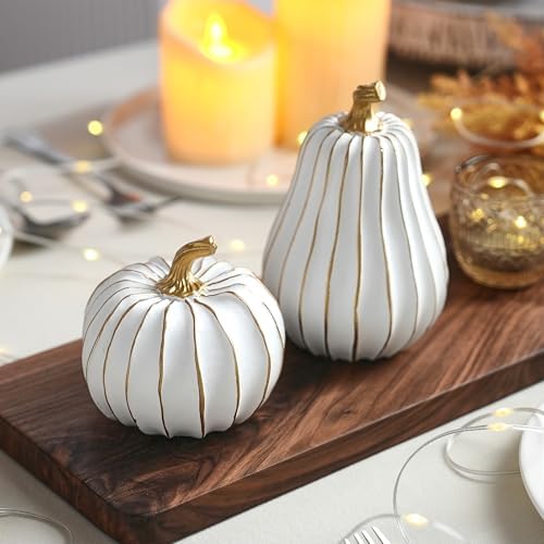 FESTGLOX Pumpkin Fall Decor, White Gold Pumpkin for Thanksgiving Decoration - Image 2