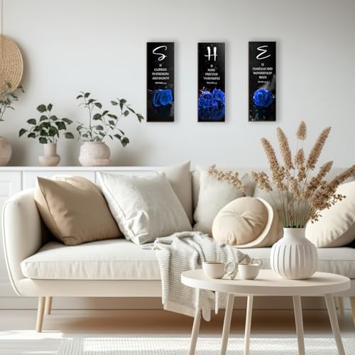 DONFENTHY 3 Pcs Blue Bedroom Decor Blue Rose Wooden Wall Decor Navy Bathroom Inspirational Farmhouse Office Signs With SHE Bible Words Decor For Women Bedroom Home(12x4Inch) - Image 5