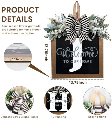 Ultra Large 14'' Last Name All Year Round Front Door Wreath with 26 Initial Letter Welcome Sign All Seasons Eucalyptus Garland and Bow Wreaths for Front Door Porch Farmhouse Decoration (J) - Image 4