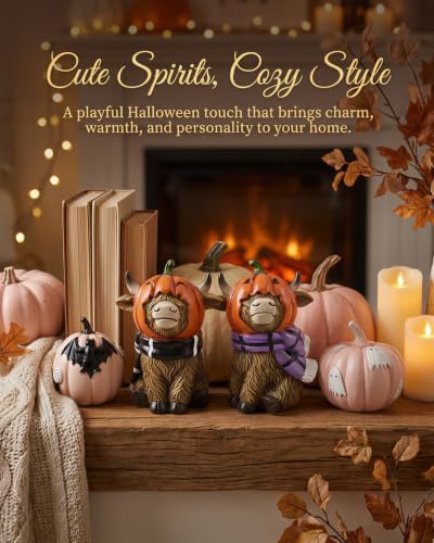 GoGnome Halloween Highland Cow Figurines Set of 2, Cute Pumpkin Head Cow Resin Statues with Scarves & Horn Details Farmhouse Fall Tabletop Decorations (Brown Highland Cow) - Image 7