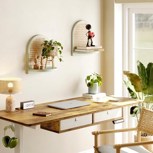 Rattan Shelf Set of 2, 7'' Rattan Shelf with Wicker Decor, Boho Wall Decor Small Floating Shelf for Plant Figurines Display, Mini Shelves for Knick Knack Storage, Green - Image 4
