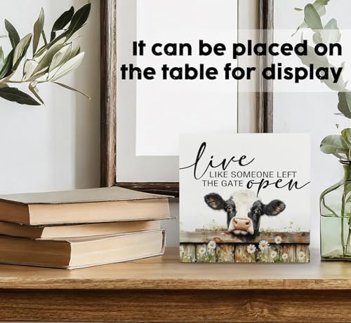 Cow Signs - Farm Cottagecore Animal Office Kitchen Bedroom Decor,Rustic Farmhouse Live like Someone Left the Gate Open Home Decor Wooden Signs,Cow Gifts for Women,6x6 - Image 3