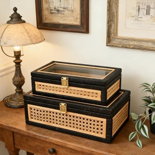 Black Rattan Decorative Wood Storage Boxes with Glass Lids Set of 2 - Image 5