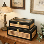 Black Rattan Decorative Wood Storage Boxes with Glass Lids Set of 2 - Image 5
