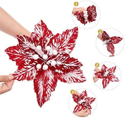 10 PCS Snow Poinsettia Stems, Large 10.6" Christmas Flowers, Red/White - Image 5