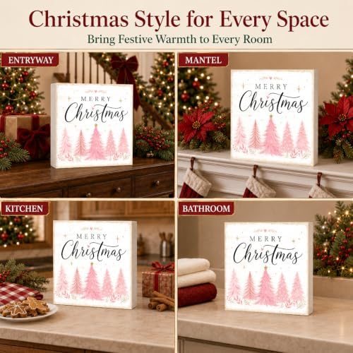 Christmas Decorations Pink Pine Tree Merry Christmas Wood Box Sign - Image 6