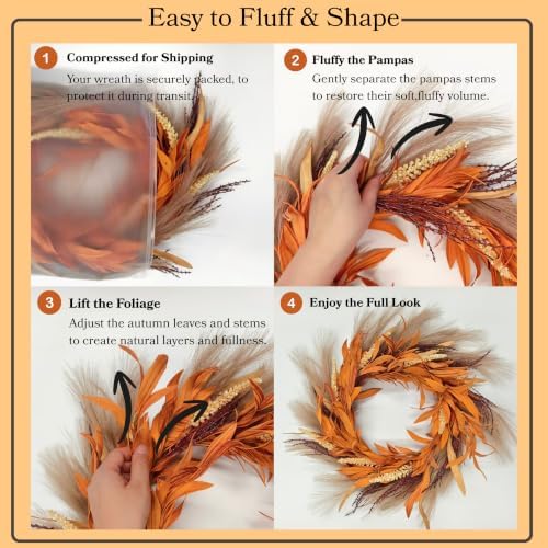 Perfnique Fall Wreath for Front Door, 18'' Autumn Wreath for Door Decor, Faux Pampas Wreath for Fall Decor, Boho Wall Decor, Farmhouse Pampas Grass Garland for Home Outdoor Thanksgiving Decoration - Image 5