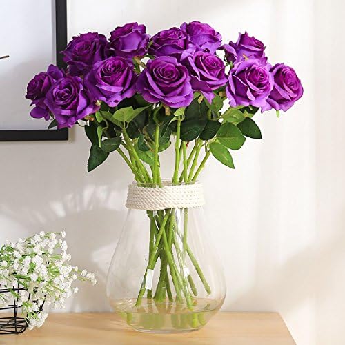 10pcs Purple Flowers Artificial Purple Rose with Stem Realistic Silk Flower - Image 3