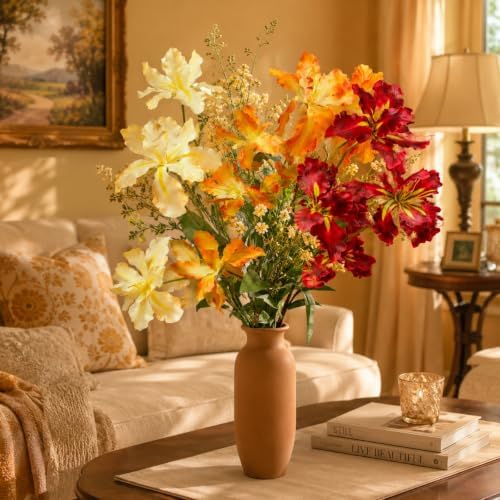 12 Pcs Artificial Iris Flowers, 31.5 Inch Real Touch Silk Iris Stems Fake Flowers for Home Table Centerpiece Wedding Bridal Bouquet Garden Party Decoration, Champagne Gold Orange Red - Image 3