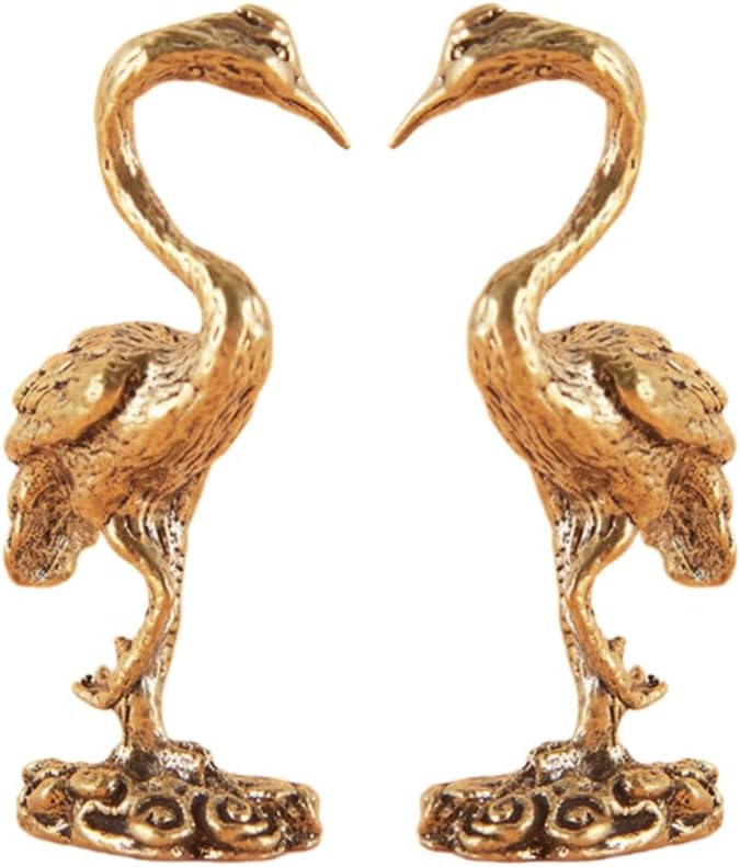 2‑Pack Brass Crane Figurines, 2.08" Mini Vintage Metal Red‑Crowned Crane Statue with Cloud Base, Oriental Style Small Bird Sculpture Ornament for Home Shelf Desk Decor, Collectible Gift by YahuLando