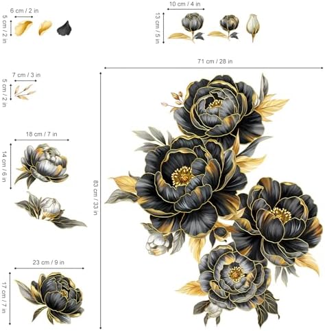decalmile Black Gold Flower Peony Floral Leaves TV Wall Decals Stickers - Image 4
