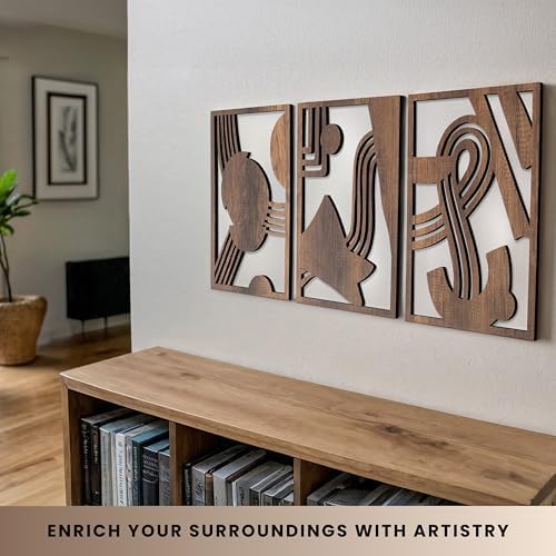 qmmp Modern Wooden Wall Sculptures - Set of 3 - Home Decor Accent - Large Wall Art for Living Room, Bedroom, Office - Easy Installation (Walnut, Medium - Abstract Shapes) - Image 4