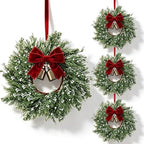 4 Set Christmas Hanging Wreaths Small Snow Flocked Artificial Cedar Wreaths with Red Velvet Ribbon Bronze Bells Mini Faux Greenery Wreath for Front Door Porch Cabinet Window Xmas Holiday Decorations by Unknown