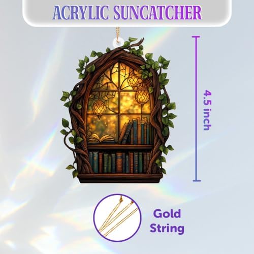 Gothic Window Book Ornament – Stained Glass Style Acrylic Christmas Ornament with Books & Ivy, Fantasy Home Décor, Book Lover Gifts for Women, Teacher & Librarian Holiday Decoration(Sun-19) - Image 3