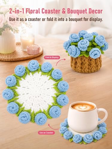 Crochet Flower Bouquet Coasters, Cotton Rose Gifts for Home Decor 2Pcs - Image 6