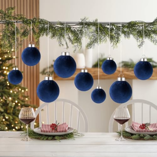 Velvet Christmas Ball Ornaments - 30pcs Flocked Christmas Ornaments Set Shatterproof Classic Hanging Xmas Tree Decorations with Rope for Wreath Holiday Home Decor (Blue) - Image 6