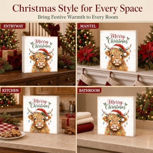 Christmas Highland Cow Decorations Wooden Box Sign Santa Hat Lights - Image 6