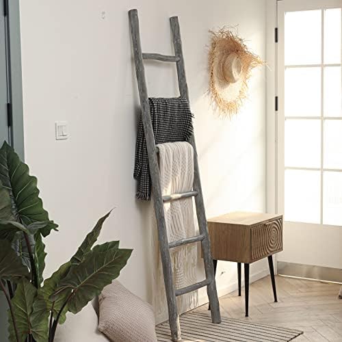 FUIN Blanket Ladder, 6ft Rustic Solid Wood Decorative Ladder, Light Grey - Image 2