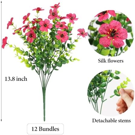 ATTGREAT Artificial Flowers for Outdoors UV Resistant, 12 Bundles(Rose Red) - Image 2