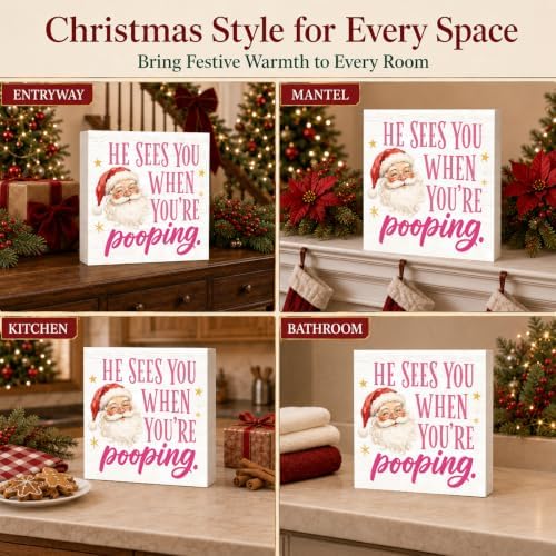 Christmas Bathroom Decor He Sees You When You're Pooping Funny Santa Sign - Image 6