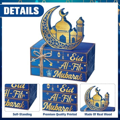 Geelin 4 Pcs Eid Mubarak Table Decoration Wooden Book Stack Signs - Image 4