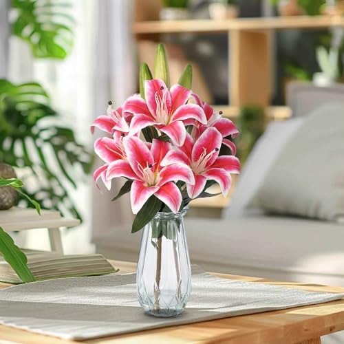 Garvee Faux Lily Flowers with Vase, 6 Heads Full Bloom Lily & 3 Buds, Long Stem Artificial Stargazer Lilies, Faux Tiger Bouquets in Glass Vase for Home Hotel Flower Arrangement Party Decor, Rose Red - Image 7